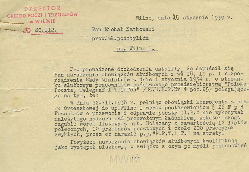 KKE 5595.jpg - Dok. Pismo od Dyrektora Okręgu Poczt i Telekomunikacji w Wilnie do Michała Katkowskiego dotyczące naruszenia obowiązków służbowych, Wilno, 20 I 1939 r.